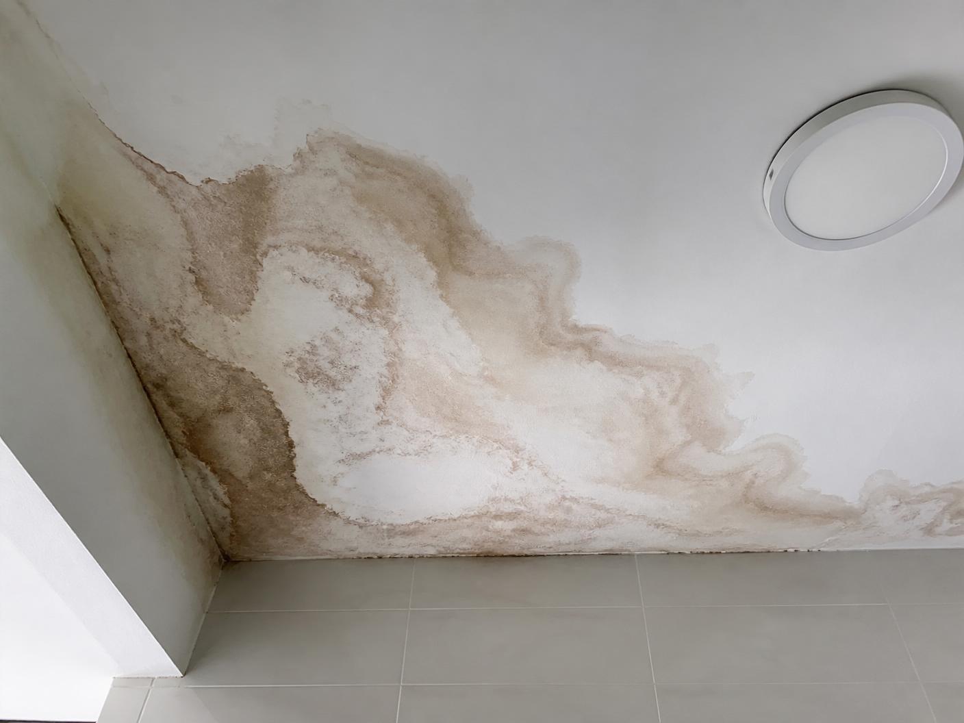 HDB ceiling with brown water-stain seepage patch — before repair