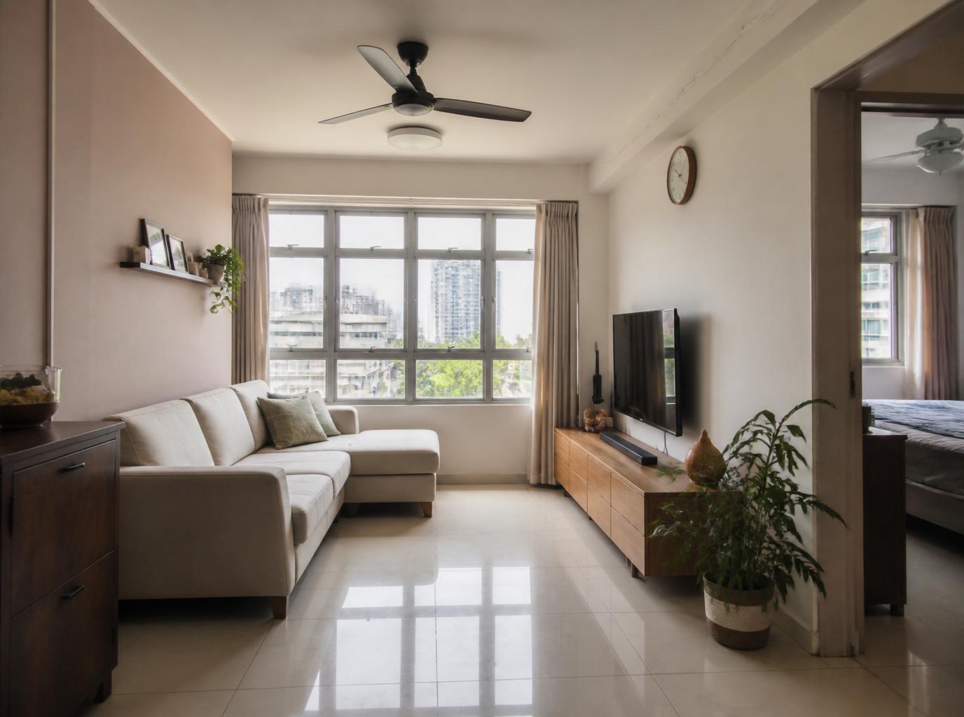 Interior of a Singapore HDB flat living room with ceiling fan and window overlooking other blocks