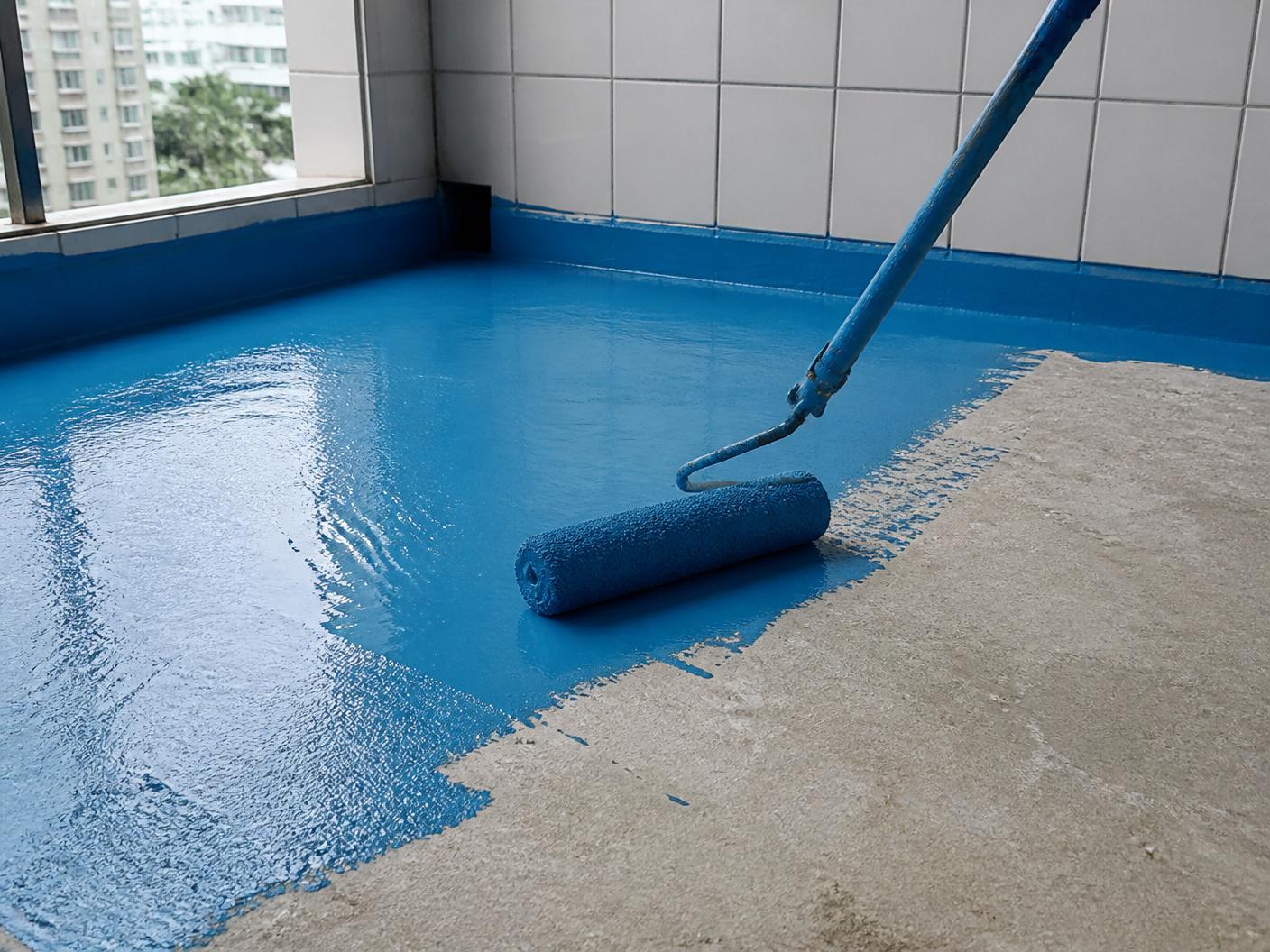 Blue waterproof membrane being rolled onto the floor of a Singapore HDB balcony